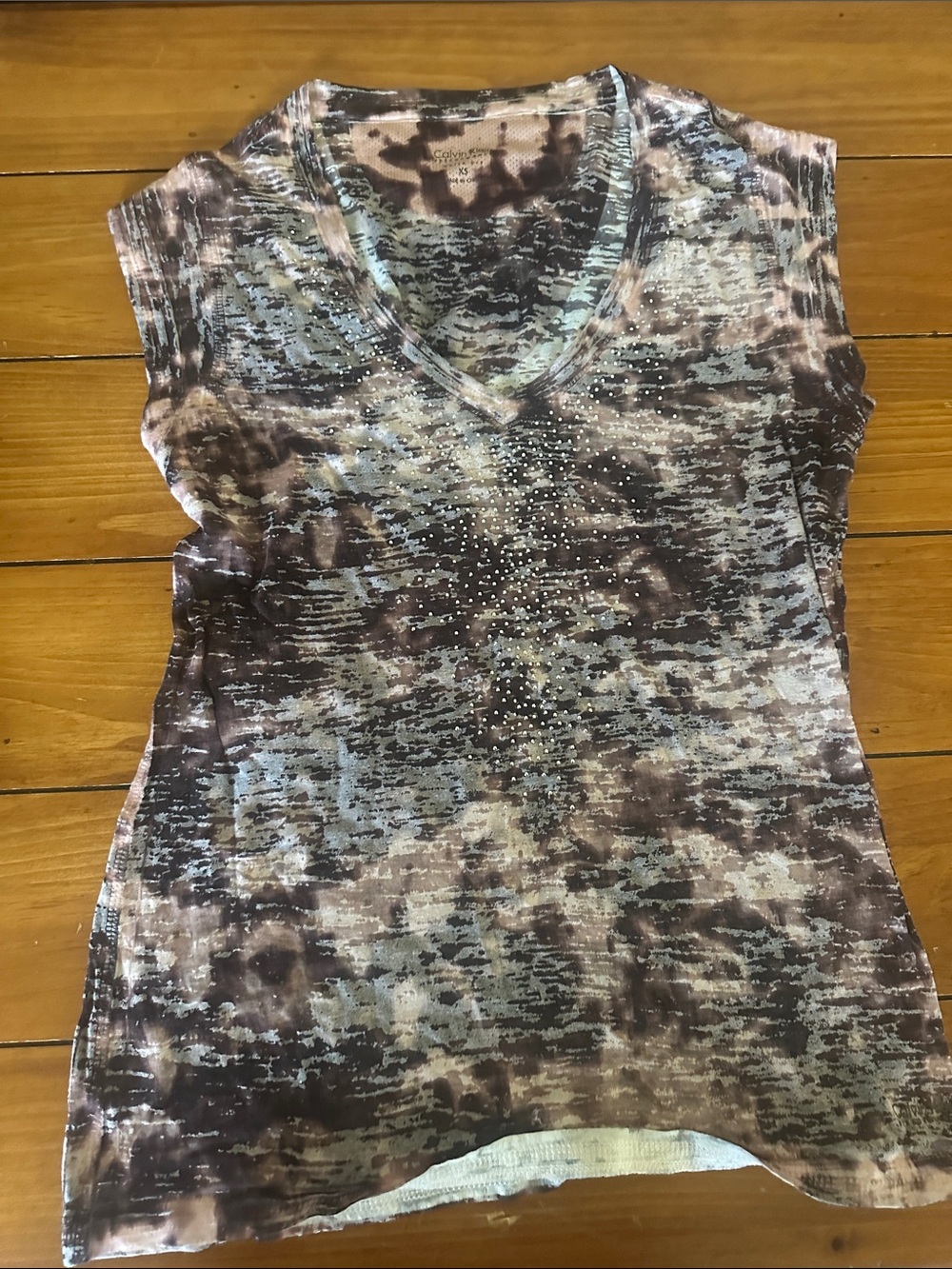 Calvin Klein Performance Brown and Blue Marble V-Neck Short Sleeve Tee